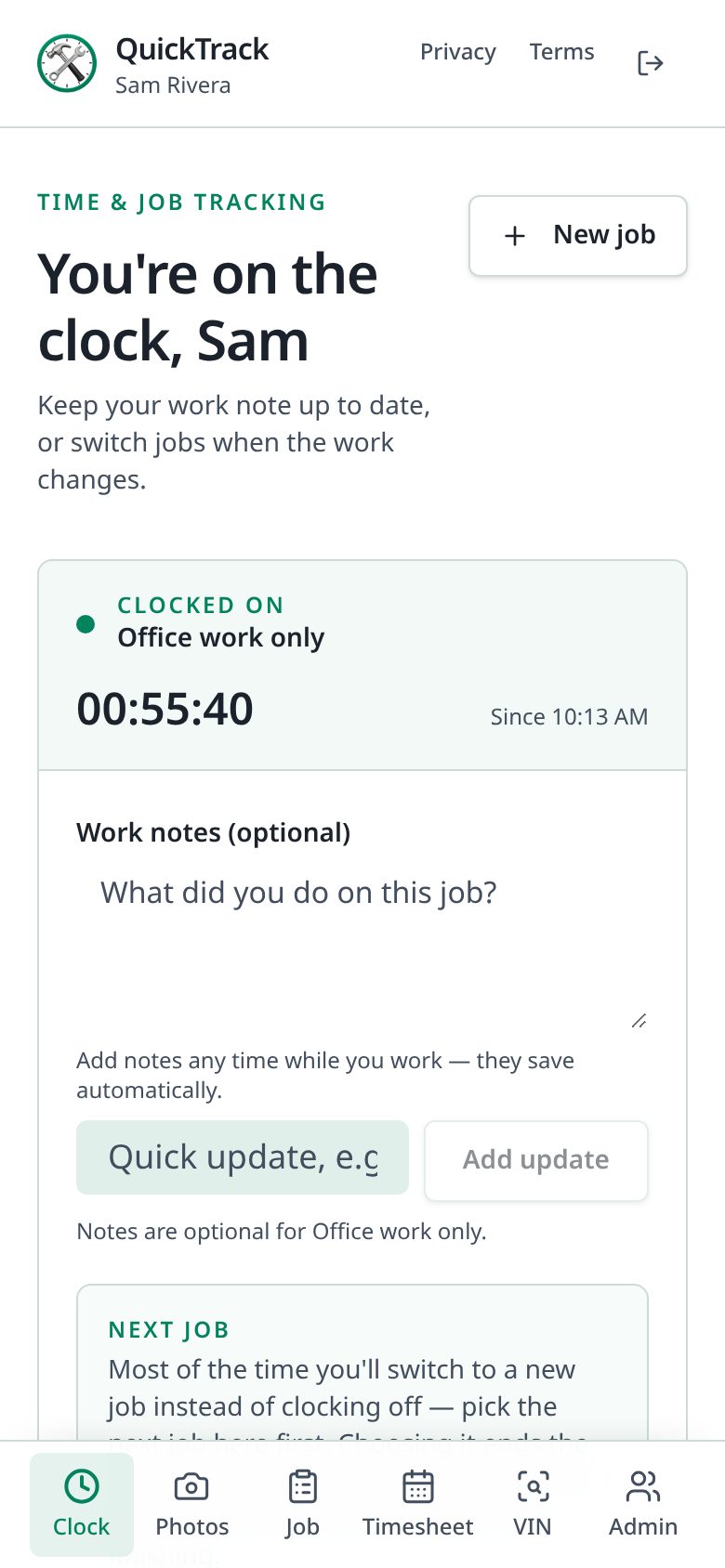 Clock screen showing a technician clocked on with a running timer and a work notes box