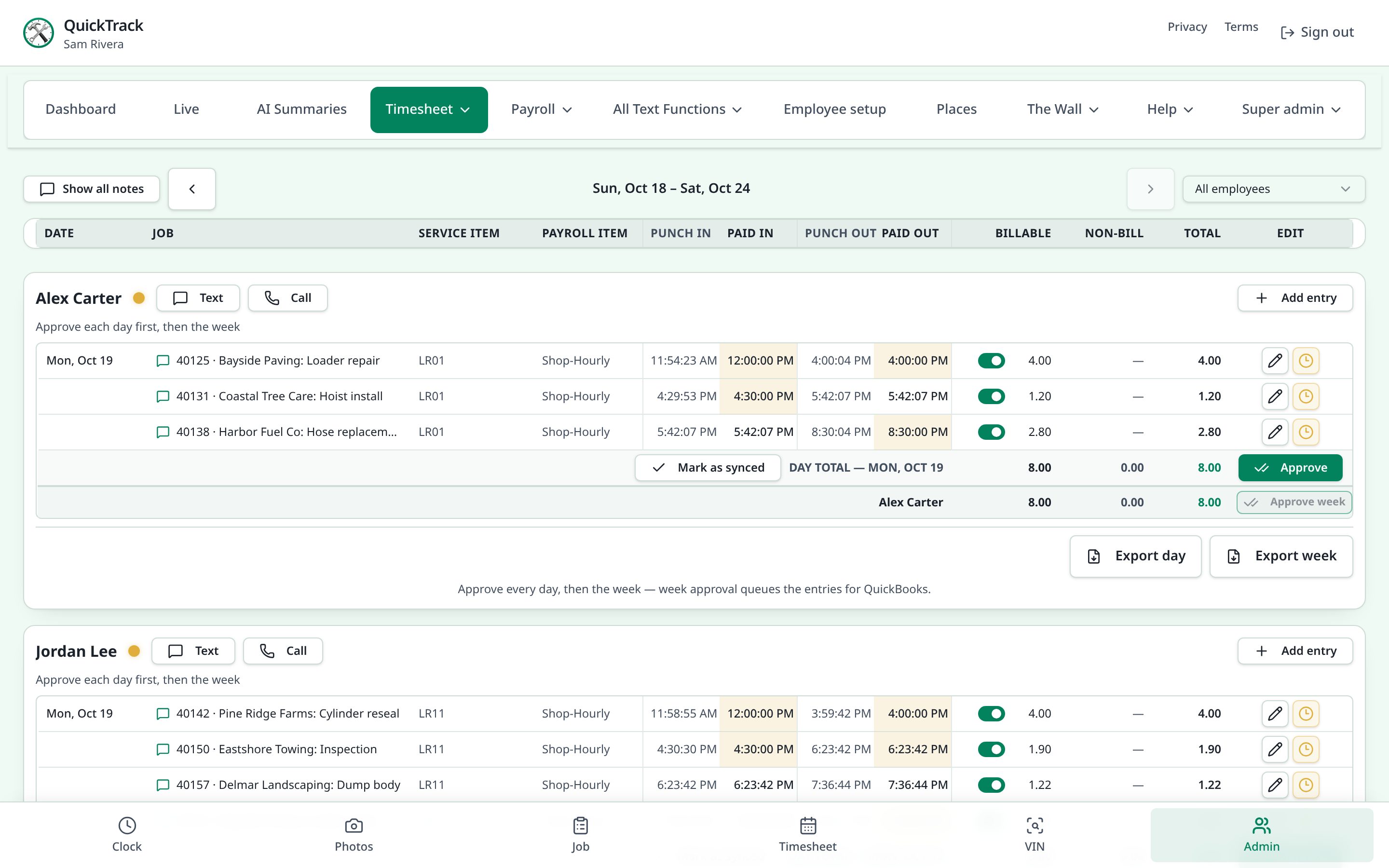 Admin timesheet showing each employee's entries with punch times, paid times, billable hours, and approve buttons