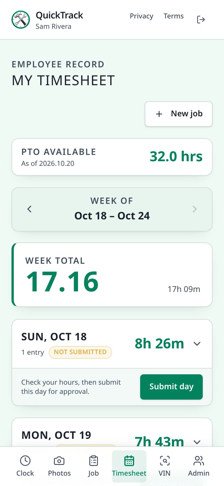 My timesheet screen showing PTO available, the week total, and each day's hours